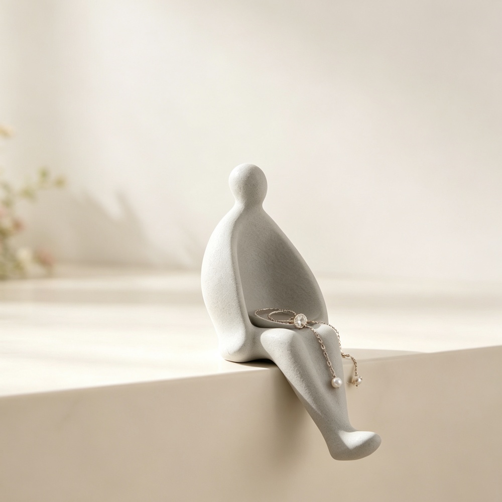 3D Printing Ring Holder - แท่นโชว์เครื่องประดับรูปคนนั่งสีเทาที่พิมพ์ด้วยเทคโนโลยี 3D ดีไซน์มินิมอล เหมาะสำหรับวางแหวน สร้อยคอ และตกแต่งโต๊ะทำงาน