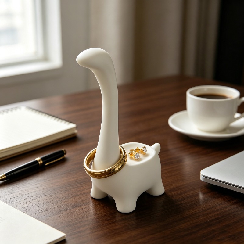 3D Printing Ring Holder - ของตกแต่งโต๊ะทำงาน ที่วางแหวนไดโนเสาร์น่ารัก พิมพ์ 3 มิติ ถาดใส่เครื่องประดับสีขาว