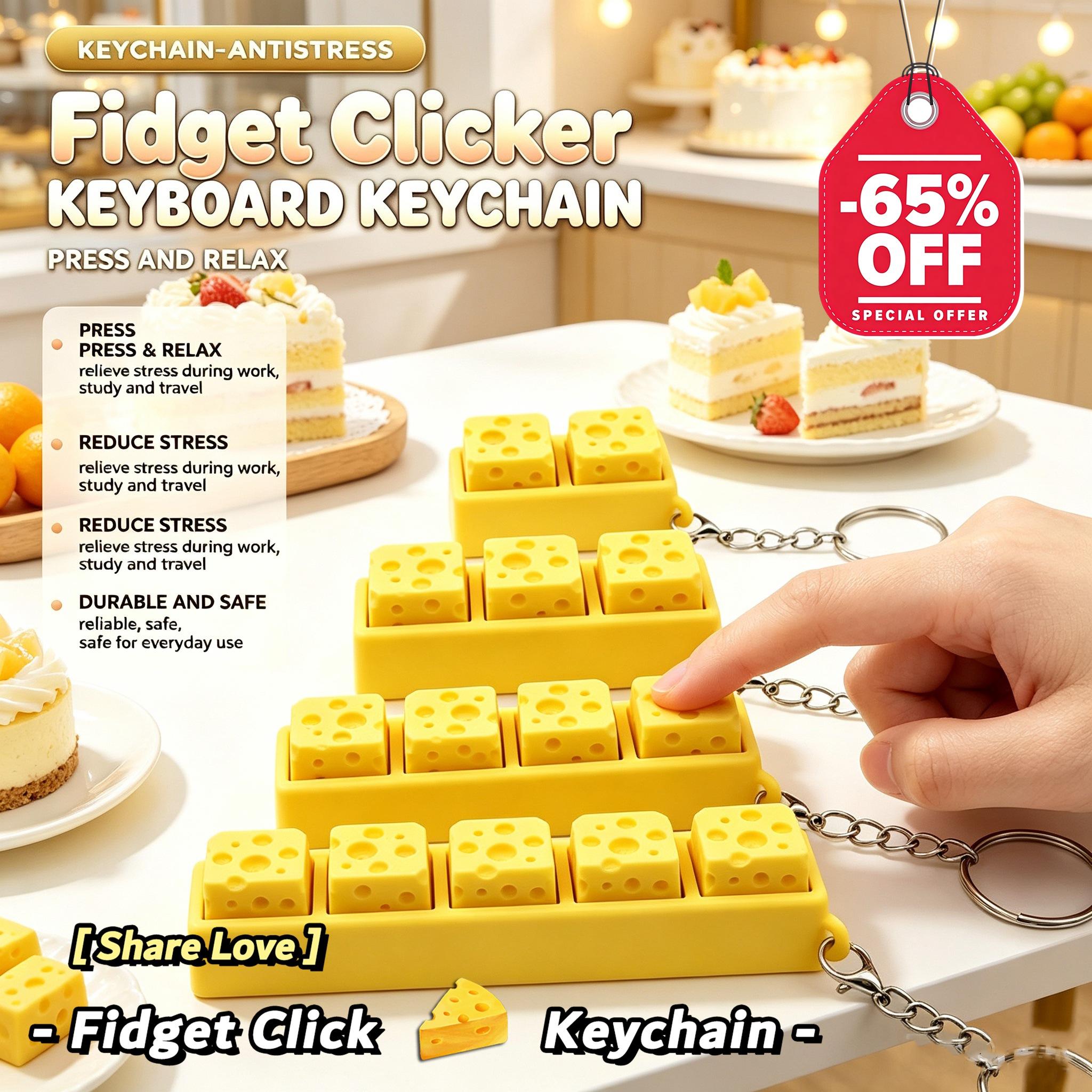 3D Printing Keyboard Keys - พวงกุญแจชีสพิมพ์ 3 มิติ ของเล่นคลิกคีย์บอร์ดคลายเครียด จี้คีย์แคปชีส ของขวัญปีใหม่และคริสต์มาส
